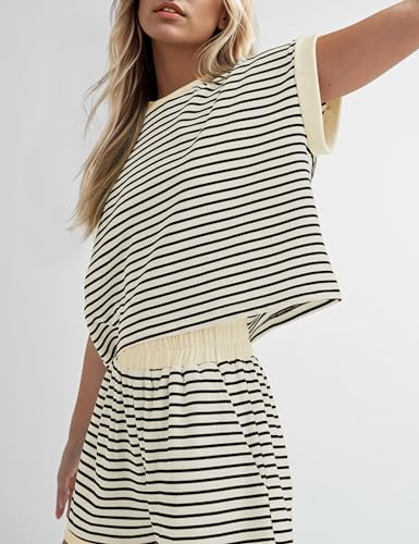 2 Piece Lounge Set Women Stripe Knit Short Sleeve Tee Shirts Shorts Casual Summer Loungewear Shorts Sets