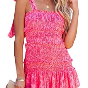 Women's Summer Floral Spaghetti Strap Square Neck Ruffle Tie Mini Smocked Dress