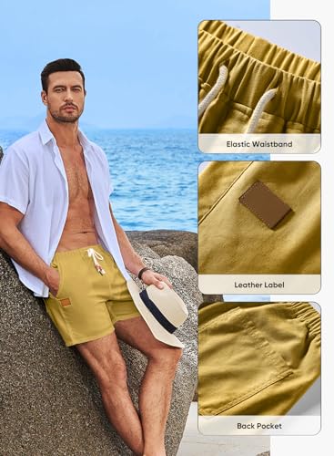 Mens Casual 5"/ 7" Cotton Linen Shorts - Elastic Waist Drawstring Summer Beach Shorts with Pockets
