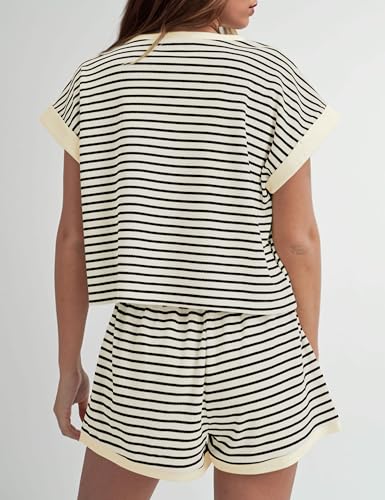 2 Piece Lounge Set Women Stripe Knit Short Sleeve Tee Shirts Shorts Casual Summer Loungewear Shorts Sets