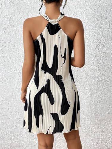 Women's Summer Dress Printed Halter Neck Mini Casual Pleated Sundress Party Date Outfit