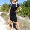 Women's Summer Short Sleeve Crewneck Striped Dress Basic Solid Tie Waist Office T Shirt Dresses Pockets