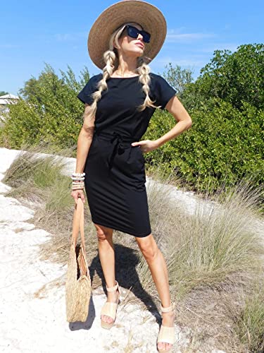 Women's Summer Short Sleeve Crewneck Striped Dress Basic Solid Tie Waist Office T Shirt Dresses Pockets