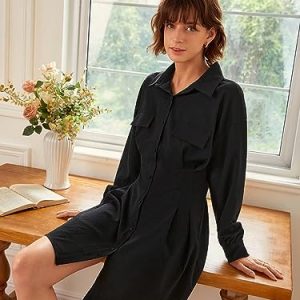 Women's Dress Drop Shoulder Flap Detail Shirt Dress - Casual Long Sleeve Button Front Short Dress Dress IPADSA(X-Small)