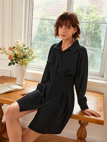 Women's Dress Drop Shoulder Flap Detail Shirt Dress - Casual Long Sleeve Button Front Short Dress Dress IPADSA(X-Small)