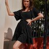 Women's Summer Dresses Square Neck Casual Short Sleeves Crossover Elastic Waist Party Mini Dress