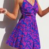 Women's Mini Dress Floral Twisted V Neck Sleeveless Short Dress Pleated Self Tie Back Mini Dress