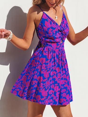 Women's Mini Dress Floral Twisted V Neck Sleeveless Short Dress Pleated Self Tie Back Mini Dress
