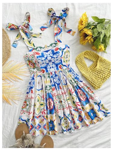 Women's Summer Floral Print Tie Shoulder Cami Dress Flare Hem Boho Mini Dress