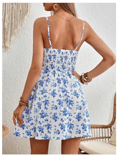 Women's Boho Floral Print Sleeveless Sundress Ruched Bust Flare Hem Vacation Cami Short Dress