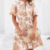 Women Summer Floral Short Dresses V Neck Short Sleeve Tiered Ruffle Boho Swing Dress A-Line Mini Dresses