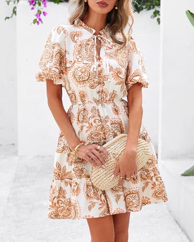 Women Summer Floral Short Dresses V Neck Short Sleeve Tiered Ruffle Boho Swing Dress A-Line Mini Dresses