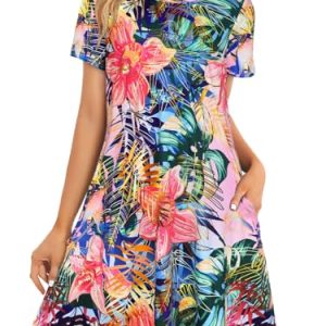Womens Summer Dresses Beach Casual Loose Tshirt Floral Short Sleeve Flowy Pockets Sundresses