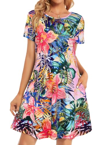 Womens Summer Dresses Beach Casual Loose Tshirt Floral Short Sleeve Flowy Pockets Sundresses