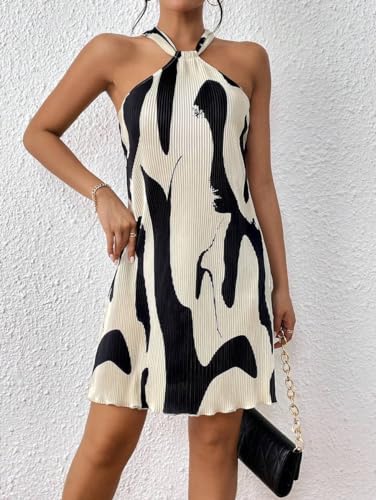 Women's Summer Dress Printed Halter Neck Mini Casual Pleated Sundress Party Date Outfit