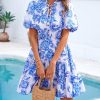 Women Summer Floral Short Dresses V Neck Short Sleeve Tiered Ruffle Boho Swing Dress A-Line Mini Dresses
