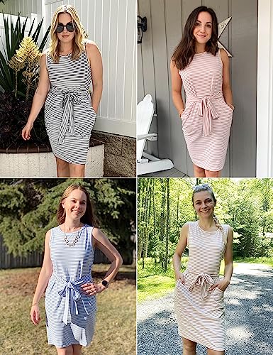 Womens 2025 Summer Sleeveless Striped T Shirt Dress Casual Crew Neck Tie Waist Mini Dresses