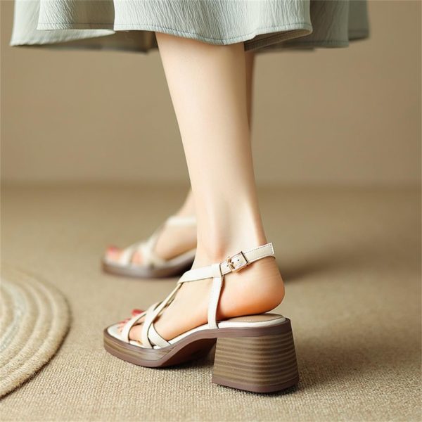 Versatile Full Leather Round Toe Thick Sole Thick High Heeled Leather Roman Sandals For Women